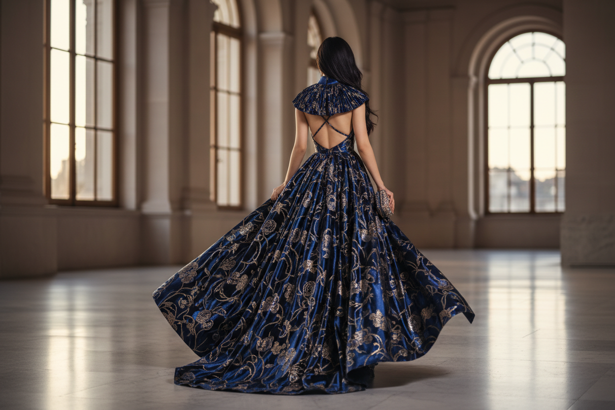 elegant lomg dark hair woman with a luxurious dress walkking behind