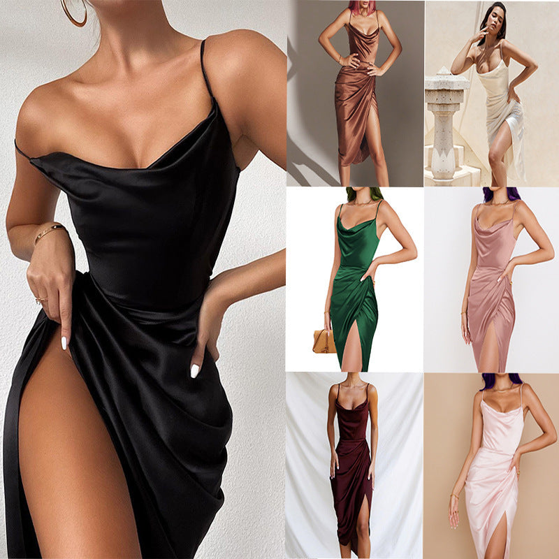 Sexy Slit Satin European Dress