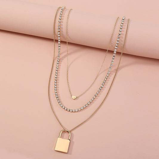 Lock pendant multi-layer Gold Necklace