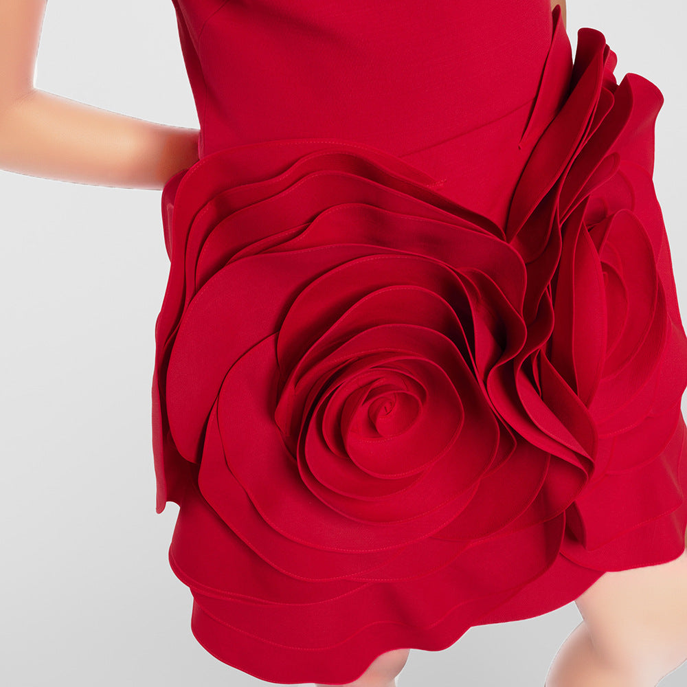 Red short flower dress from M Chic Boutique, featuring a vibrant floral pattern and a playful, feminine silhouette.