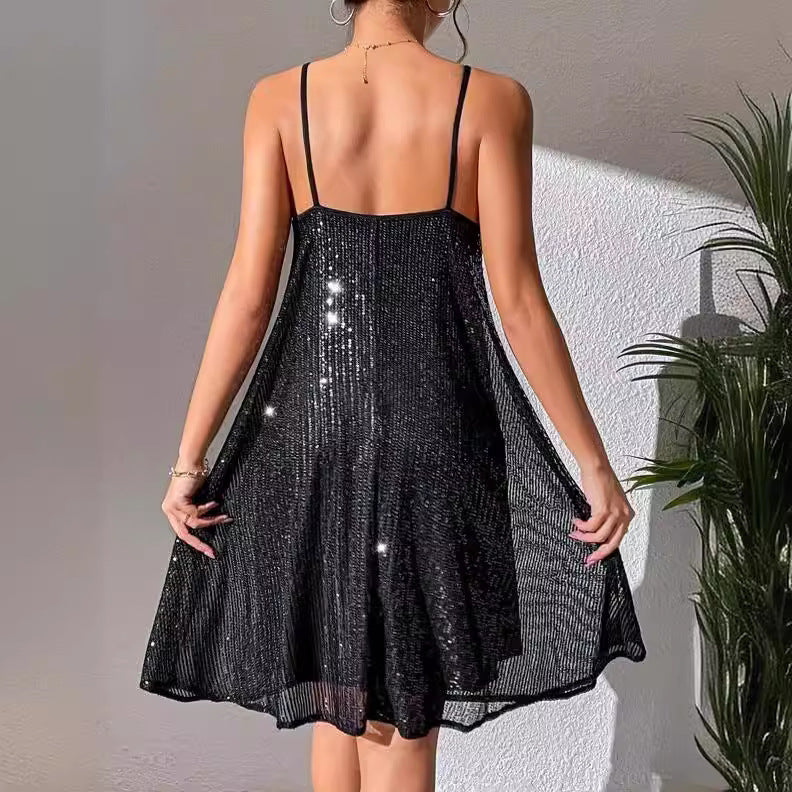 Solid European Style Elegant Sequins Dress
