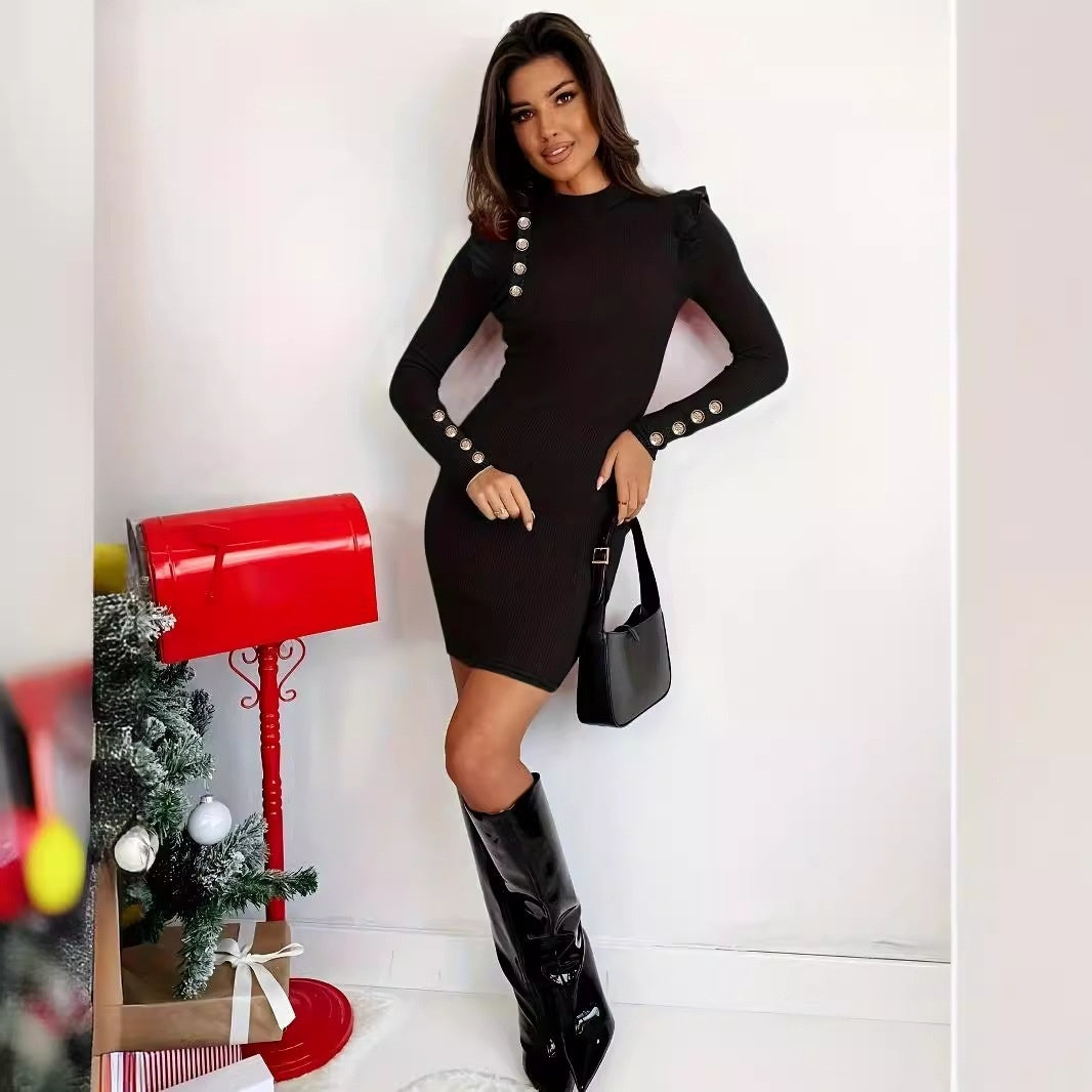 Long Sleeve Solid Color Buttons Short Dress