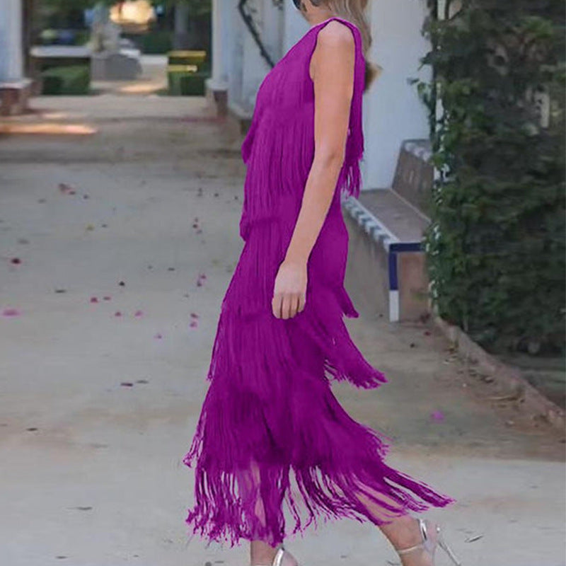 Solid Color Diagonal Multi-layer Tassel Dress