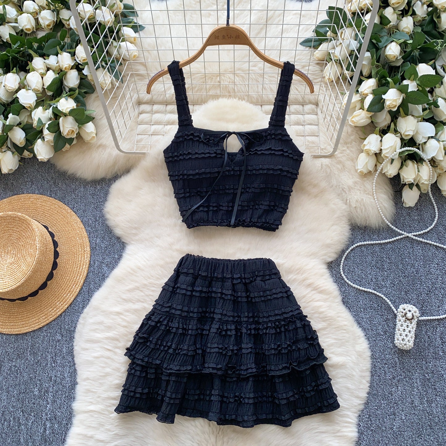Two-piece M Chic Boutique square-neck slip dress set with a high waist, pleated ruffled hem, and matching skirt.