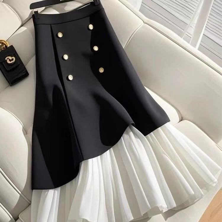 Splicing half skirt with buttons from M Chic Boutique, showcasing a stylish design and unique color blocking.