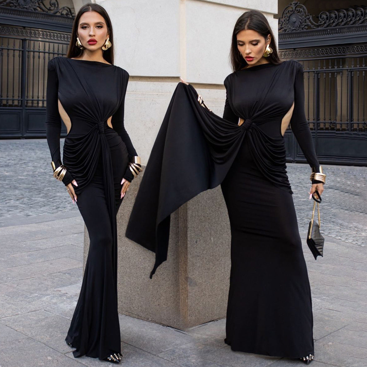 Hollow-out slim-fit long sleeve dress by M Chic Boutique featuring a stylish cutout design and elegant silhouette.