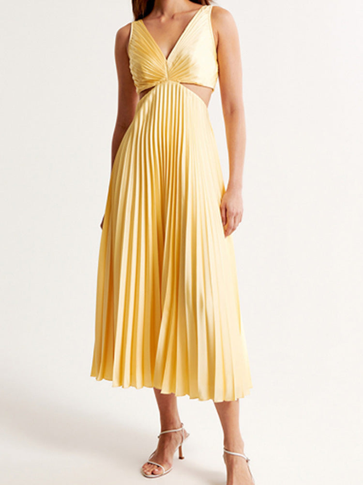 M Chic Boutique suspender pleated long dress with a fitted bodice and flowing skirt, perfect for elegant occasions.