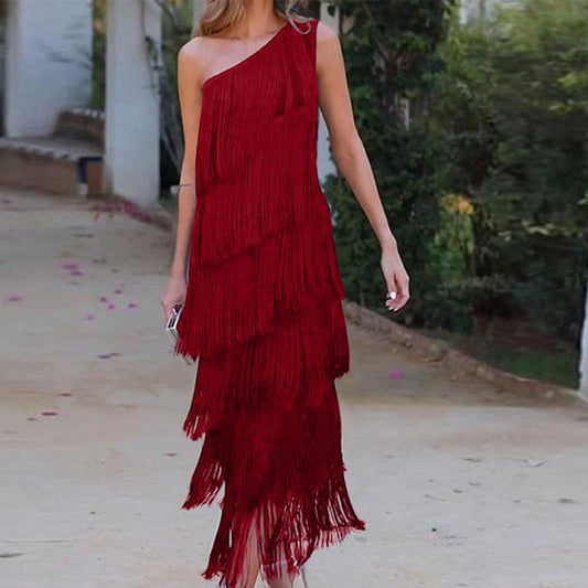 Solid Color Diagonal Multi-layer Tassel Dress