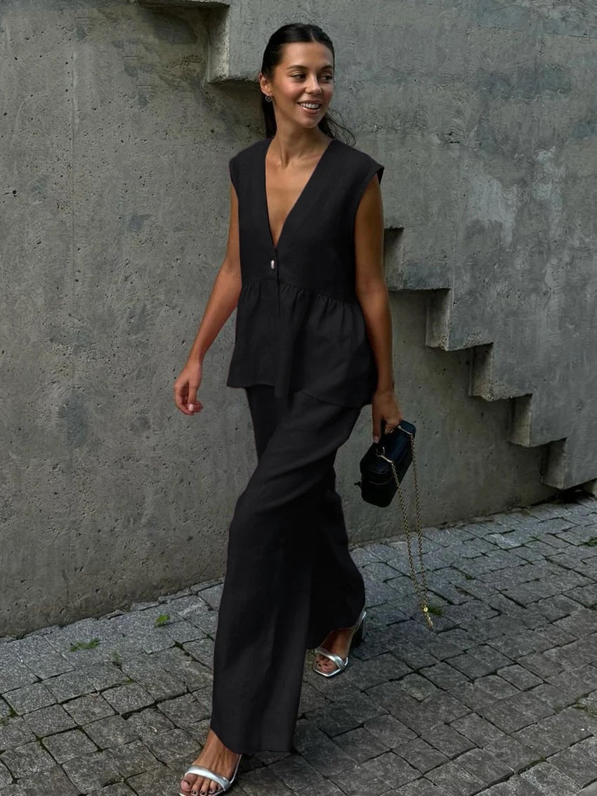 V-neck Sleeveless Top Vest Trousers Suit Women