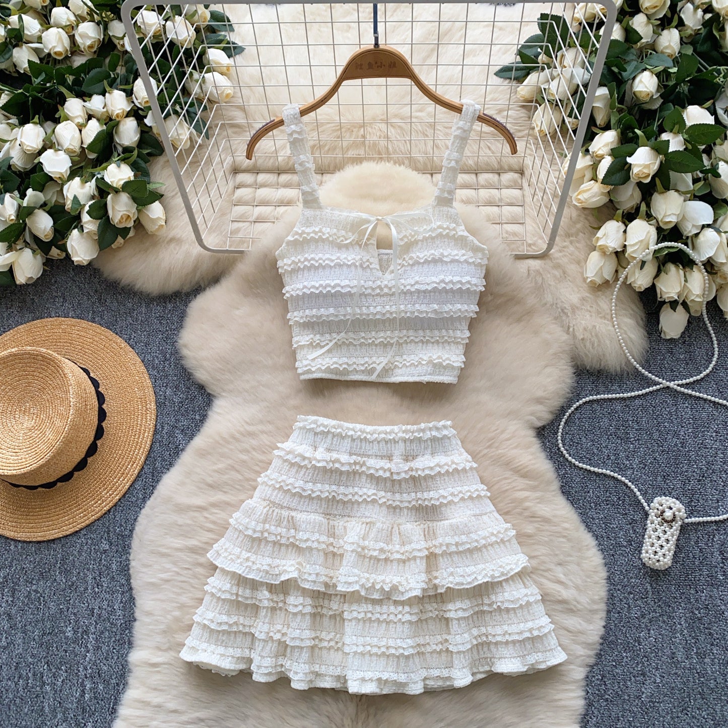 Two-piece set featuring a square-neck slip dress with high waist and pleated ruffled hem, from M Chic Boutique.