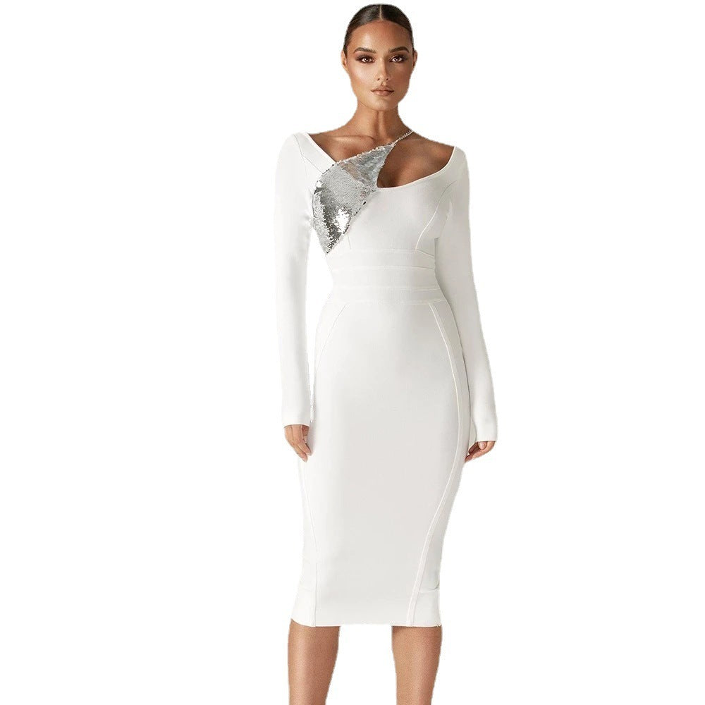 Solid Elegant Sequin Long Sleeve Bandage Dress