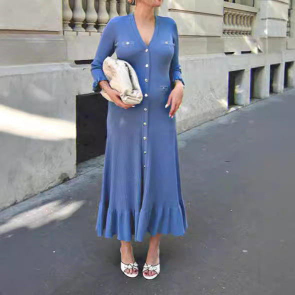 French Style Elegant V-neck Ruffle Sleeve Mid-length Knitted Dress