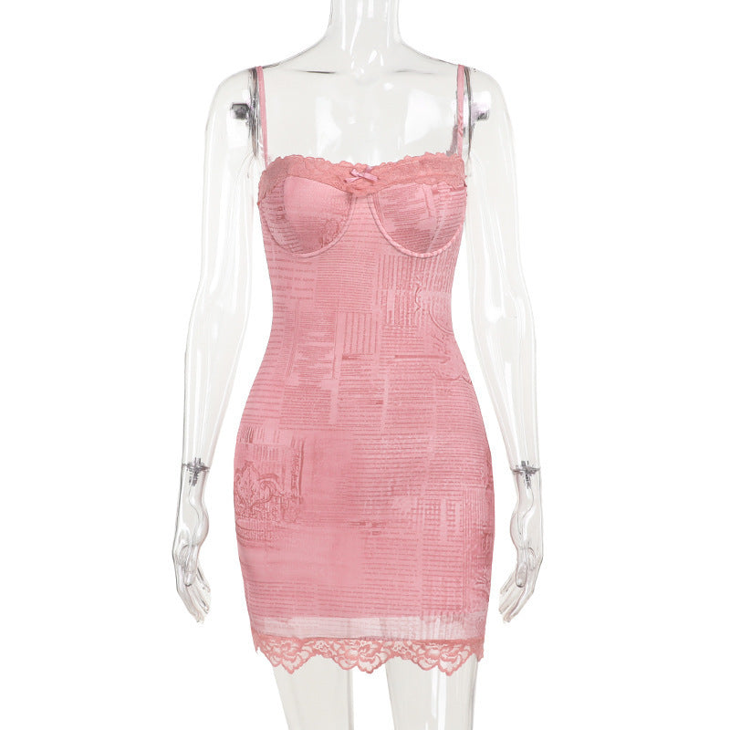 Square-neck Lace Stitching Dress
