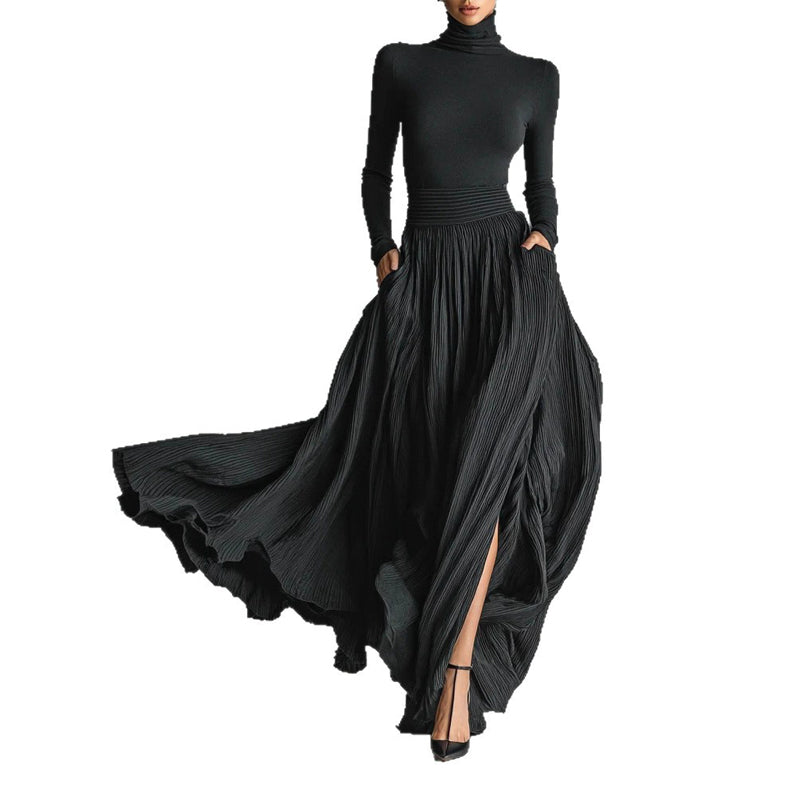High-neck 2 piece set dress featuring a stylish top and flowing skirt from M Chic Boutique, displayed on a model.