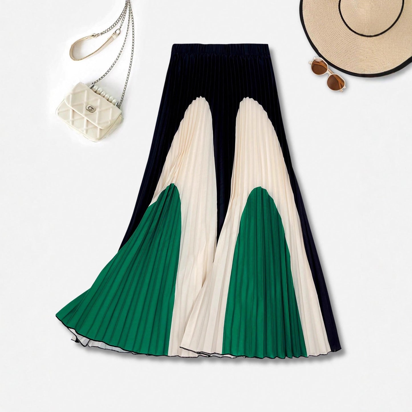 Patchwork high waist skirt by M Chic Boutique featuring a colorful, textured design and flowing silhouette.