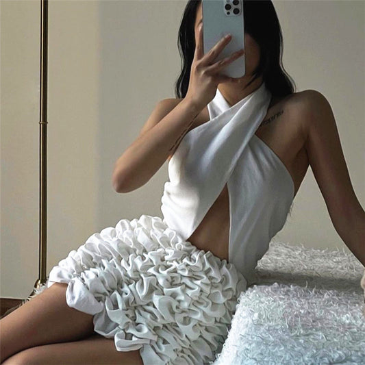 Solid Cross Neck Backless Flower Dress