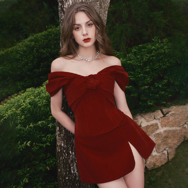 Off-shoulder European Tube Top Flower Slim Fit Slit Dress