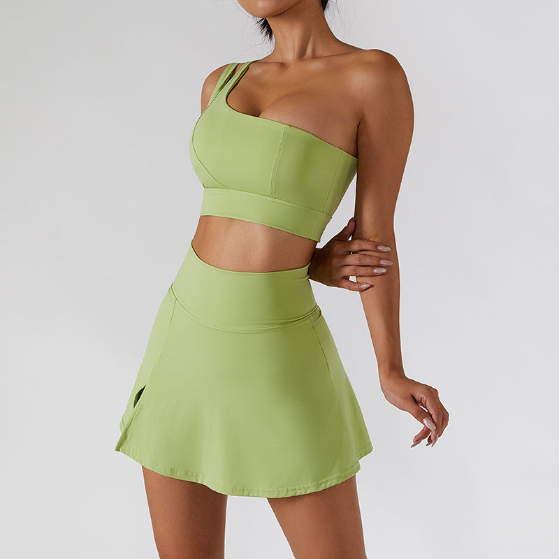 Ribbed one-shoulder gym set by M Chic Boutique featuring matching activewear top and leggings in a stylish ribbed fabric.