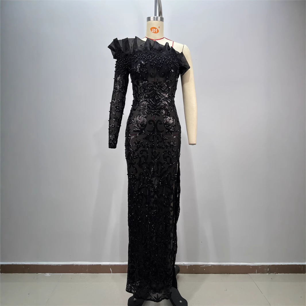 One shoulder slit dress with sequins embroidery from M Chic Boutique, showcasing a stylish and elegant design.