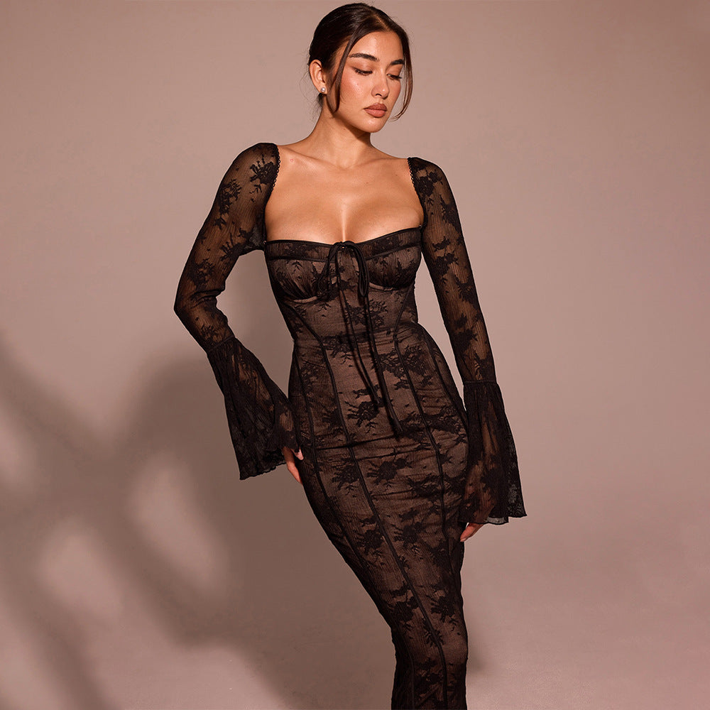 Flared sleeve lace tube top dress by M Chic Boutique featuring a fitted bodice and flowing skirt in soft lace fabric.