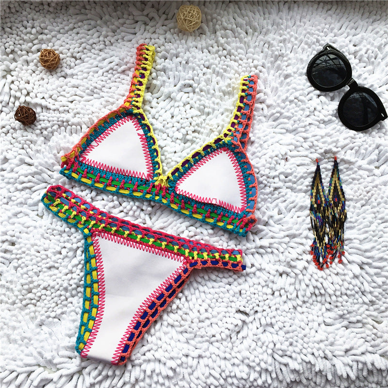 Woven bikini swimsuit from M Chic Boutique featuring a stylish, colorful swim set designed for beach and pool wear.