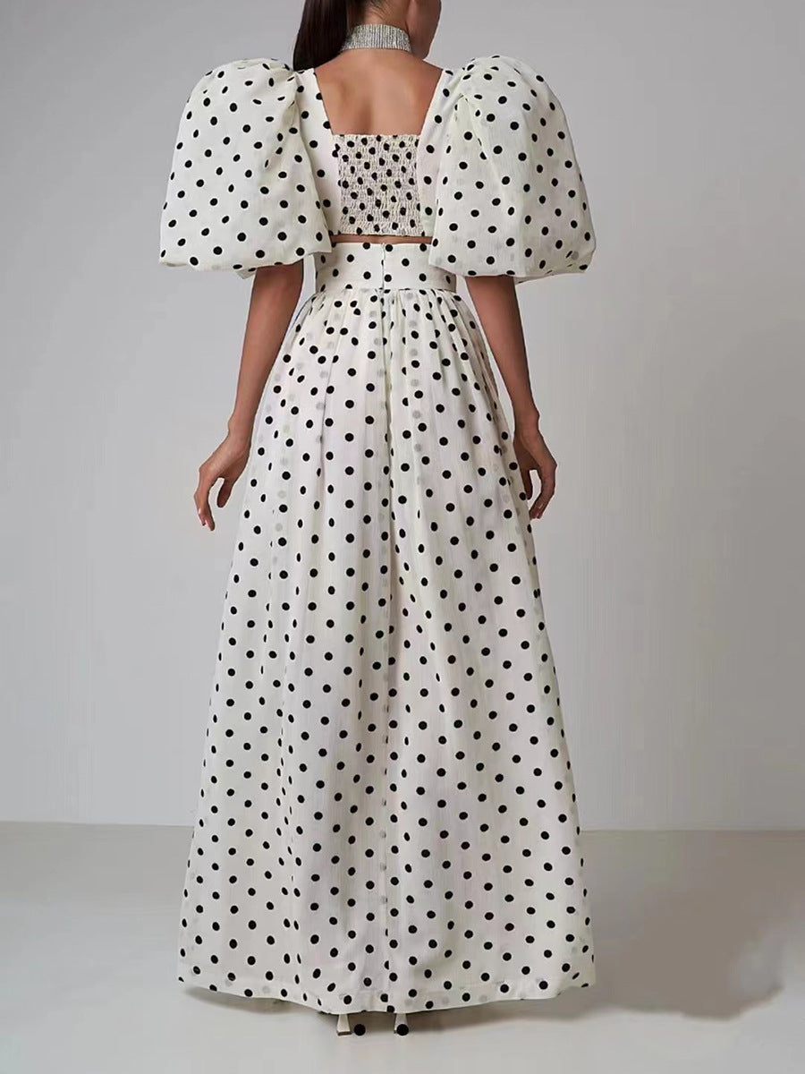 Puff Sleeve Slit Polka Dot Dress