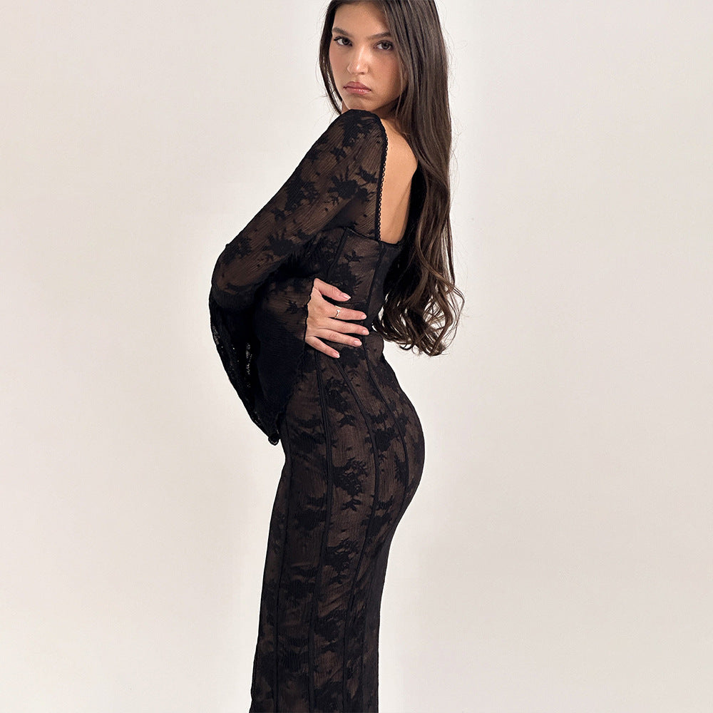 Flared sleeve lace tube top dress in elegant design, showcasing intricate lace details and a flattering silhouette.