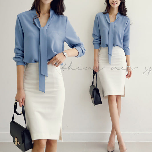 Long-sleeved Bow Ribbon Blouse