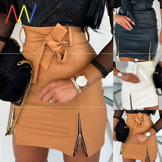 Women Bandage PU Leather Skirt