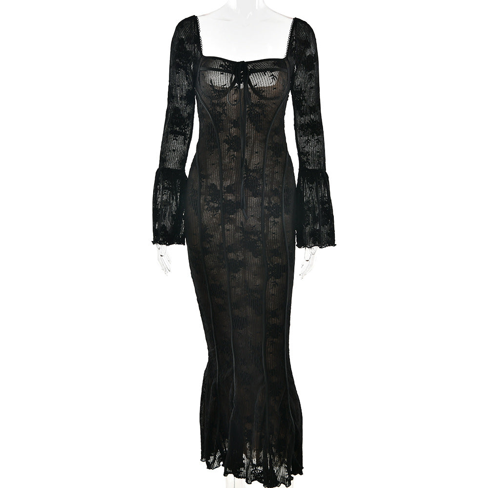 Flared sleeve lace tube top dress in elegant design, showcasing intricate lace details and a flattering silhouette.