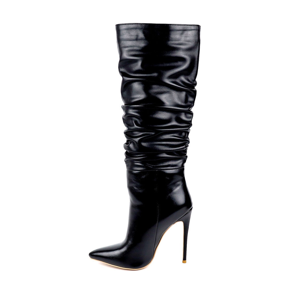 M Chic Boutique pleated pointed toe stiletto boots with sleek design and high heels, shown on a white background.