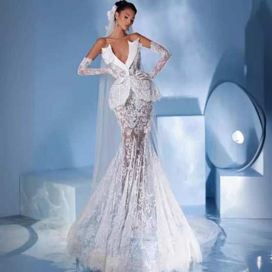 Suit Collar Sequined Lace Stitching High Waist Long Fishtail Skirt